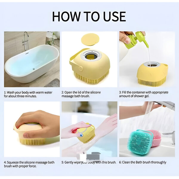 Set of 2 Soft Silicone Massage Bath Brushes with Soap Dispenser and Easy-Clean Design how to use